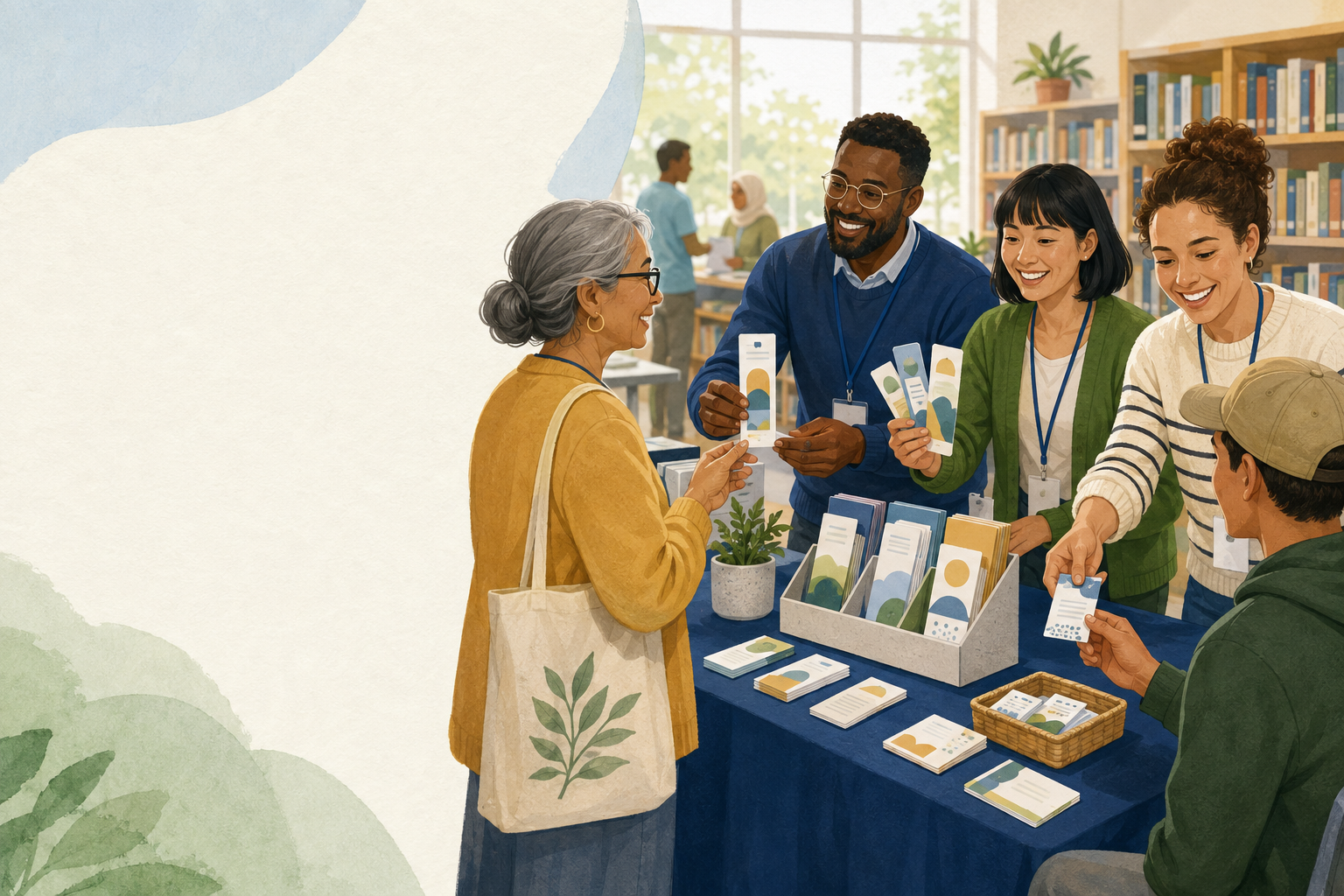 Community organizations sharing resource cards at an outreach table.